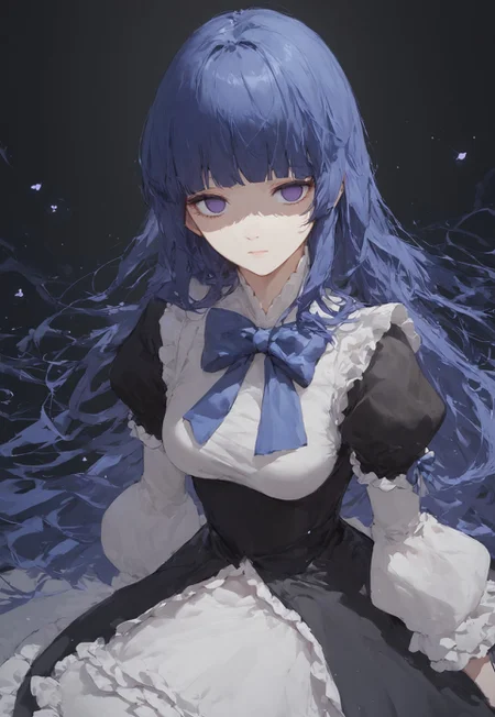 zPDXL3, score_9, score_8_up, score_7_up, ASCII, masterpiece,frederica bernkastel, umineko no naku koro ni, 1girl, black background, black dress, blue hair, blunt bangs, bow, dress, empty eyes, expressionless, frilled dress, frills, hair over shoulder, long hair, looking at viewer, puffy sleeves, purple eyes, solo, straight hair