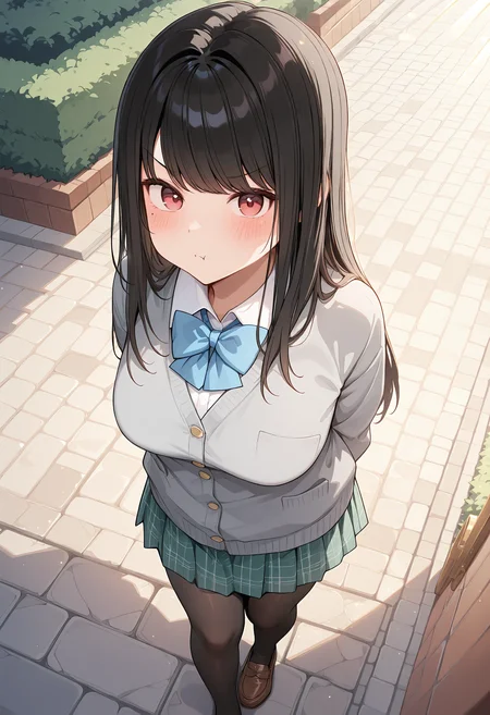best quality, amazing quality, perfect quality, high quality, masterpiece, absolutely eye-catching BREAK
<lora:Sometimes_Even_Reality_Is_a_Lie_-_Nanami_Ousaka:1> RealNanami, red eyes, mole under eye, black hair, long hair, swept bangs BREAK
school uniform, grey cardigan, white collared shirt, blue bowtie, green plaid skirt, black thighhighs, brown loafers BREAK
1girl, solo, outdoors, stone floor, hedge, sunbeam, walking, hands behind back, pout, looking at viewer, from above, dutch angle