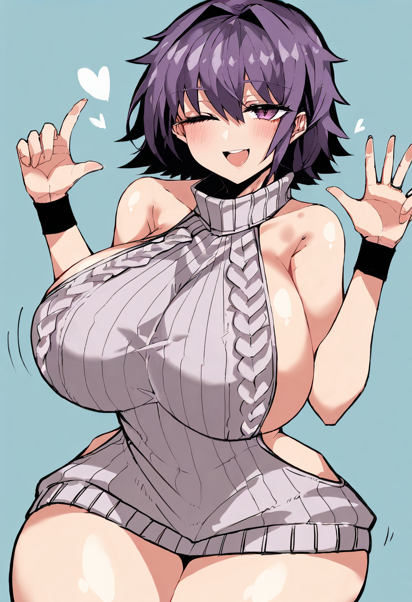 score_9, score_7_up,  1girl, 
huge breasts, wide hips, thick thighs, turtleneck sweater, sweater dress, hair between eyes, solo, meme attire, one eye closed, purple eyes, blue background, cowboy shot, pink eyes, hair intakes, gradient background, sleeveless, heart background, breasts, short hair, smile, blush, thighs, sleeveless turtleneck, ;d, looking at viewer, sweater, virgin killer sweater, turtleneck, wristband, purple hair, hand up, heart, ribbed sweater, dress, open mouth
 <lora:kakakarute06ame-Style-PonyXL-GLoRA-000048:1>
