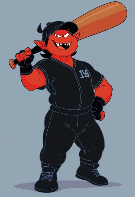 score_9, score_8_up, score_7_up, BREAK, 1boy, solo, red skin, black hair, black eyes, black baseball outfit, sportswear, ((no nose)), black baseball cap, black gloves, fingerless gloves, pointy ears, smile, open mouth, sharp teeth, fangs, holding baseball bat, looking at viewer,