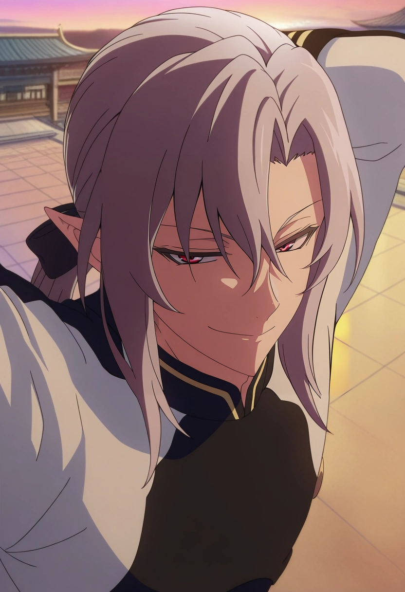 masterpiece, best quality, , anime screencap, , , looking at viewer, 1boy, solo, male focus, <lora:ferid_bathory_ilxl:1>, ferid_bathory, grey hair, red eyes, long hair, hair between eyes, pointy ears, ponytail, , from above, east asian architecture, dawn, arms up, seductive smile,