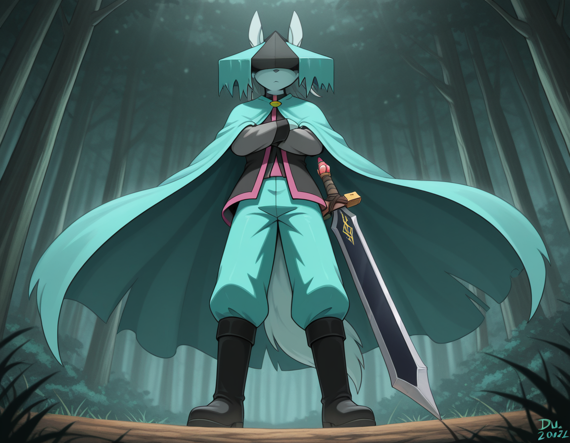 masterpiece,best quality, amazing quality, (du57aet, anthro, tail), ((male focus, 1boy, solo)), male, from below, hat over eyes, hat, cape, vest, pants, boots, sword, arms crossed, forest background<lora:Illustrious\dust-illustrious.safetensors:1.0:1.0>