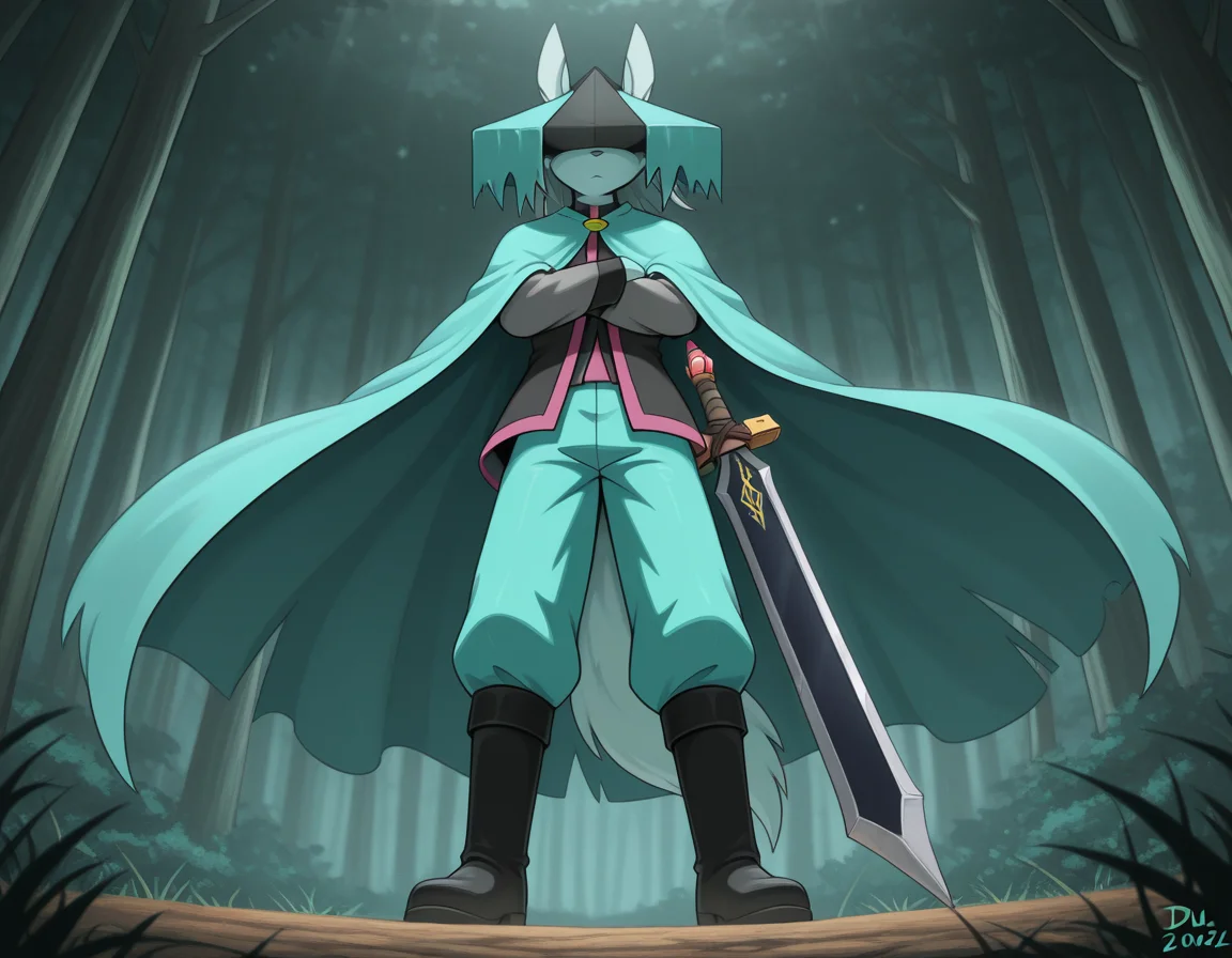 masterpiece,best quality, amazing quality, (du57aet, anthro, tail), ((male focus, 1boy, solo)), male, from below, hat over eyes, hat, cape, vest, pants, boots, sword, arms crossed, forest background<lora:Illustrious\dust-illustrious.safetensors:1.0:1.0>