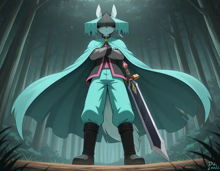 masterpiece,best quality, amazing quality, (du57aet, anthro, tail), ((male focus, 1boy, solo)), male, from below, hat over eyes, hat, cape, vest, pants, boots, sword, arms crossed, forest background<lora:Illustrious\dust-illustrious.safetensors:1.0:1.0>