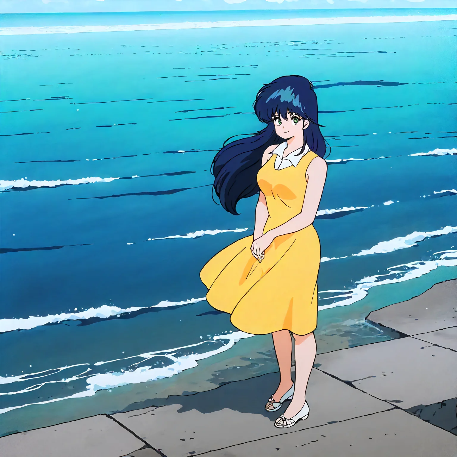 <lora:KOR_MadokaAyukawaXLIllustrious002>,
masterpiece,best quality,good quality,newest,
outdoors,ocean,
smile,
looking at viewer,
solo,
MadokaAyukawa,1girl,blue hair,long hair,green eyes,
breasts,
white collared shirt,yellow dress,sleeveless,
full body,standing,