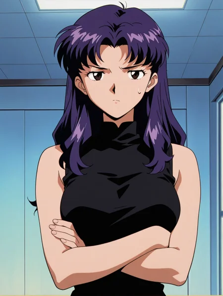 masterpiece, best quality, newest, absurdres, highres, detailed eyes, beautiful, detailed background, perfect eyes, anime coloring, 1990s \(style\), 1girl, solo, katsuragi misato, purple hair, long hair, brown eyes, medium breasts, black turtleneck dress, sleeveless, looking at viewer, jitome, annoyed, crossed arms, sweatdrop, standing, (indoors), <lora:misato_ceva_illus-06:0.8>
