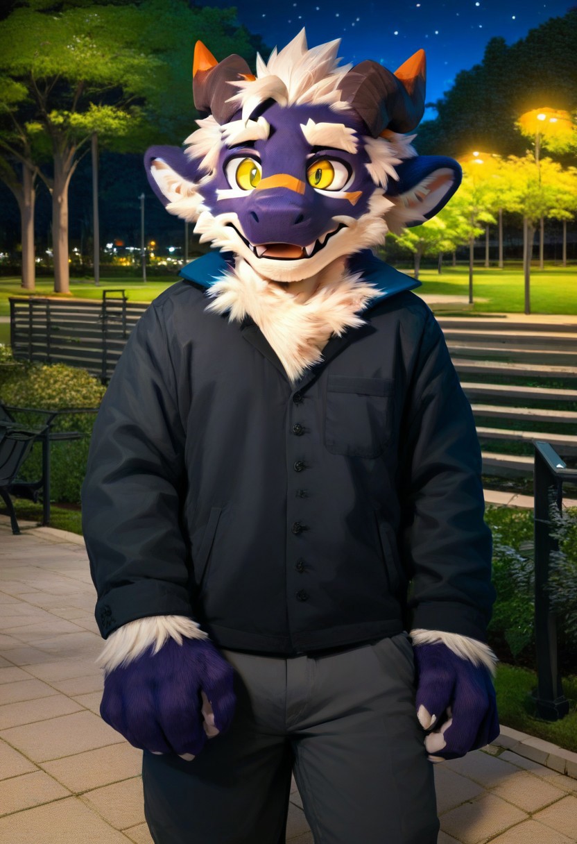 score_9_up, score_8_up, score_7_up, source_furry, mikus-sona, fursuit, furry focus, furry style, furry costume, anthropomorphic, anthro, yay, dragon boy, white eyebrows, yellow eyes, 1boy, solo, ((park, night))