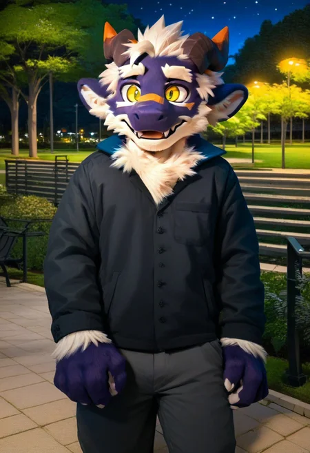 score_9_up, score_8_up, score_7_up, source_furry, mikus-sona, fursuit, furry focus, furry style, furry costume, anthropomorphic, anthro, yay, dragon boy, white eyebrows, yellow eyes, 1boy, solo, ((park, night))