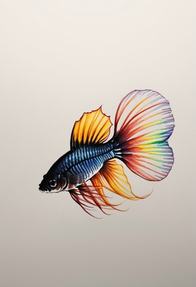 A beautiful Beta Fish, side view, solo, black background, 4k, UHD, cinematic lights, dramatic exposure. A colorful pencil sketch using 4B bold lines, changing its colors, UHD, award winning, rainbow colors
