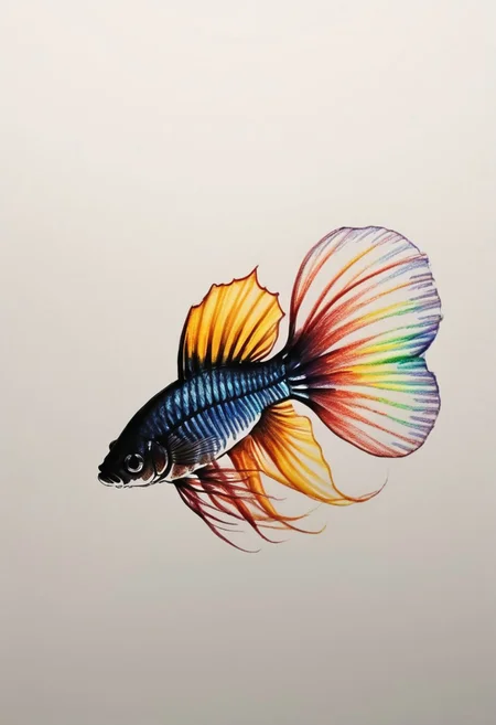 A beautiful Beta Fish, side view, solo, black background, 4k, UHD, cinematic lights, dramatic exposure. A colorful pencil sketch using 4B bold lines, changing its colors, UHD, award winning, rainbow colors