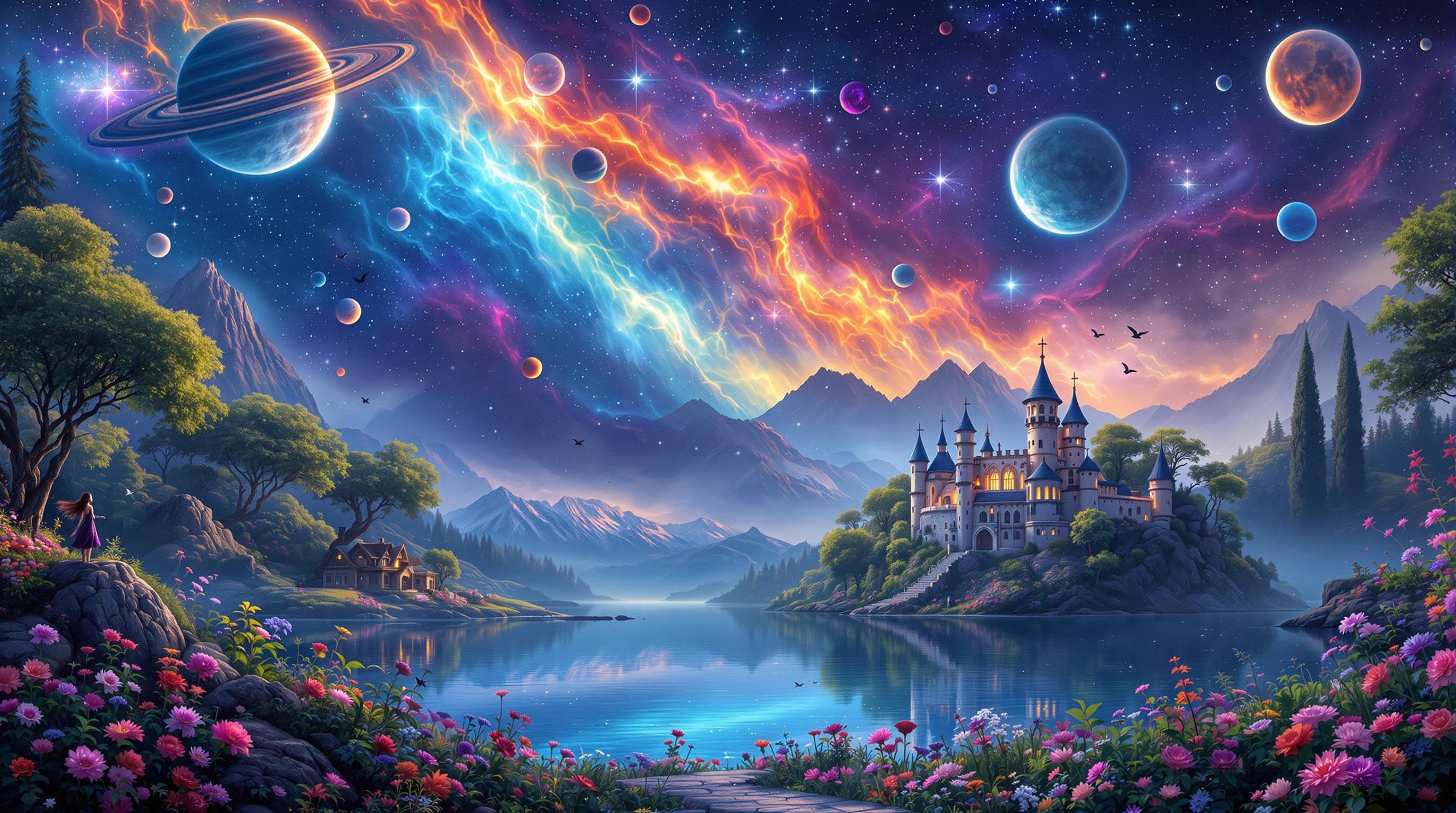 colourful planets and moon and stars and space in the background, a tome, zoomed out, full veiw, hyperealistic, fantasy castlle sitting in a magical jungle in the background, a lake in the background, dinstant galaxies, flowers blowing in the wind, misty mountains in the background, auroa borealis, birds flying in the sky, a unicorn in the distance, small village in the foreground, nighttime, night, dark lighting, gloom, mist of the water, elven woman in a purple dress, far away in the forest,