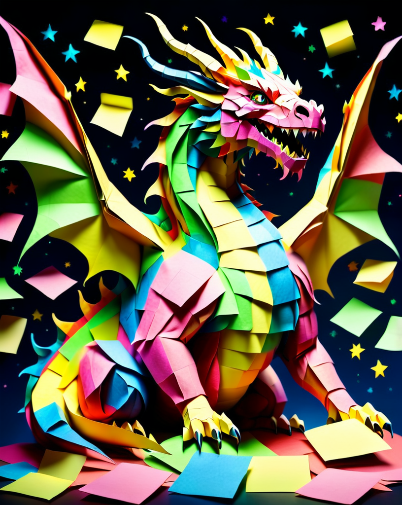 a massive colorful dragon made out of  Jed-StickyN, dynamic pose, fantasy, epic, ultra wide shot, zoomed out, front view, 
<lora:StickyNotesStyle:1>,  <lora:add-detail-xl:0.7>,  <lora:sd_xl_dpo_lora_v1:1>, <lora:xl_more_art-full_v1:0.3>,  set against a  background of a starry sky,