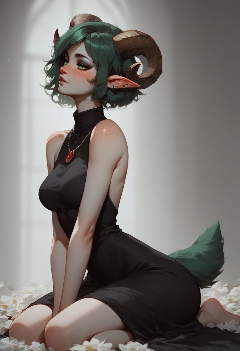 score_9, score_8_up, score_7_up, score_6_up, score_9, score_8_up, score_7_up, score_6_up, 1girl, sexy 1girl, solo, expressive, e-girl, dynamic, dark green hair, short hair, ornamental hair,  green eyes, pale skin girl, pale skin, freckles, turtleneck, bare shoulders, blush, elf ear, blood red necklace, looking_longingly, sheep horn, circled horn, big boobs, seductive, sexy_woman, full body, dress black, black dress, goth, green fox tail, perfil, profile picture