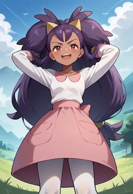 <lora:pony_good_hands:1>, <lora:Anime Style 2 SDXL_LoRA_Pony Diffusion V6 XL:0.3>, score_9, score_8_up, score_7_up, source_anime, good_hands, <lora:ExobeloStyle:0.7>
outdoors, landscape, grass, from below,
<lora:IrisPokemonIXL:1>, 1girl, solo, iris \(pokemon\), dark skin, long purple hair, big hair, hair ornament, white leggings, long sleeves, miniskirt, pink skirt,
<lora:Expressive_H:0.65>, red eyes, looking at viewer, blush, smug, smile, open mouth,
standing, arms behind head,
