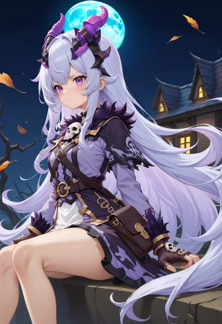 masterpiece, best quality, very aesthetic, absurdres, rom_hela_xl,
1girl, purple hair, horns, purple eyes, grumpy, skull on chest, purple dress, fingerless gloves, saddlebag, 
sitting on a cliff, from side, looking at the moon,
moon, haunted house, withered trees, bats,
outdoors, (wind, falling withered leaves, light particles:1.4), light rays, tyndall effect, vivid colors, tranquil and magical atmosphere,
shiny skin, beautiful face, beautiful eyes, extreme detailed, official art, professional illustration, hires,
<lora:rom_hela_xl:1>, <lora:aesthetic_anime_v1s:0.5>, <lora:add_details_xl:0.5>
