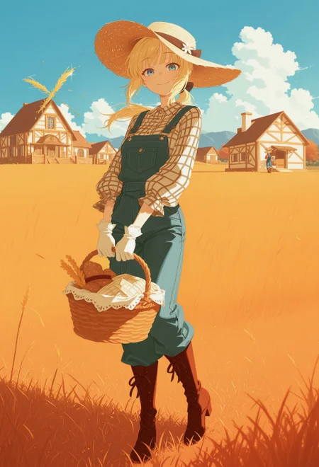 manga-style,manga panel aesthetic, film grain
(masterpiece), best quality, amazing quality, aesthetic, flat color, no lineart, blending,
, 1girl, blonde,blue eyes,loose ponytail,wide brimmed straw hat,long-sleeved plaid shirt,red with black checkered patterns,denim overall, white glove,brown high boot, outdoors, sky, day,cloud,wind, grass, cloudy sky, autumn, field, house, holding a basket ,bright, joyful smile,eyes sparkle, morning sun.
blue sky, flwhite clouds,a beautiful autumn morning, blurry, detailed background
<lora:illustrious_flat_color_v2:1>