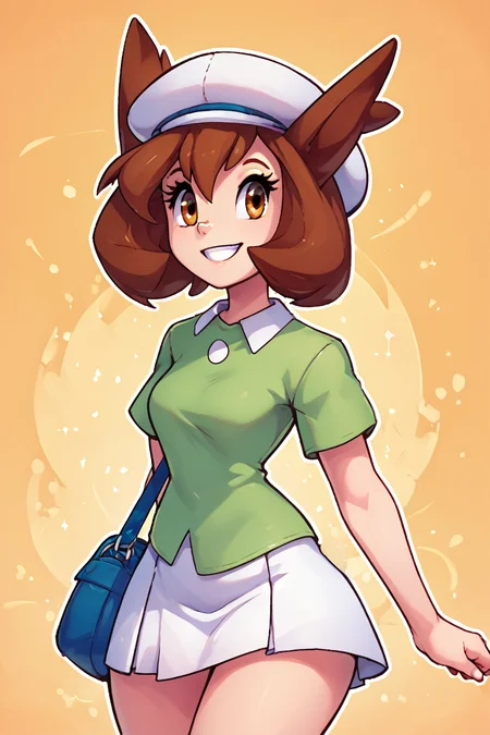 score_9, score_8_up, score_8, medium breasts, (curvy), cute, eyelashes, BREAK, , zzBianca, brown hair, brown eyes, medium hair, hair between eyes, short sleeves, green shirt, collared shirt, white hat, skirt, white skirt, <lora:Bianca_PokemonHeroes_PDXL_v2:0.7>,, BREAK, smile, looking at viewer, abstract background, white outline, cowboy shot, embedding:zPDXL, Expressiveh, <lora:theOtherHalfPDXL:0.8>, <lora:CatalystStylePDXL:0.6>, <lora:SDXLFaeTastic2400:0.5>, <lora:Expressive_H-000001:0.4>,