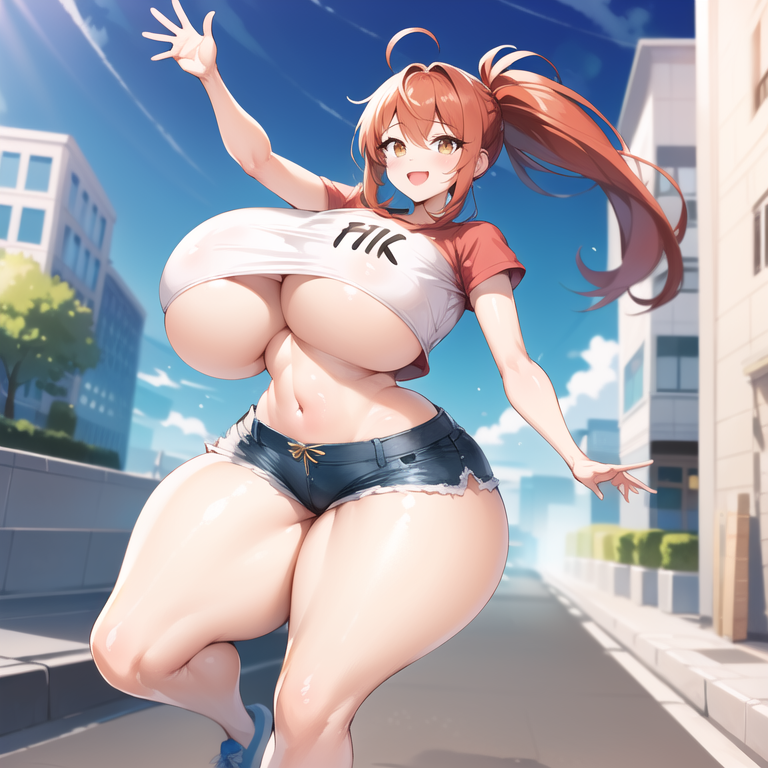 masterpiece, best quality, chocovenus, 1girl, solo, breasts, gigantic breasts, slim waist, thigh, happy, red ponytail, white shirt, underboob, short shorts, waving arm, standing, full body, park, <lora:chocovenus-05:0.7>