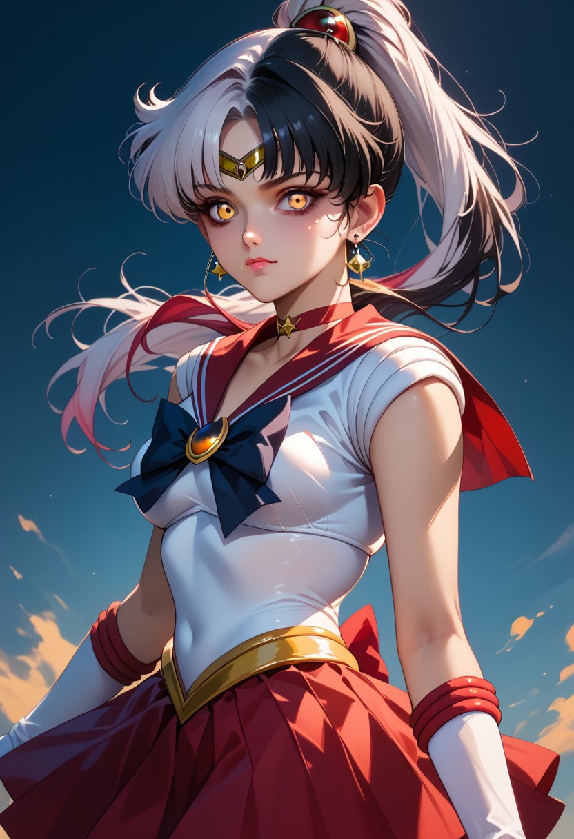 score_9, score_8_up, score_7_up,
ShioriNovella, split-color hair, white hair, black hair, yellow eyes,
sailor senshi uniform, red skirt