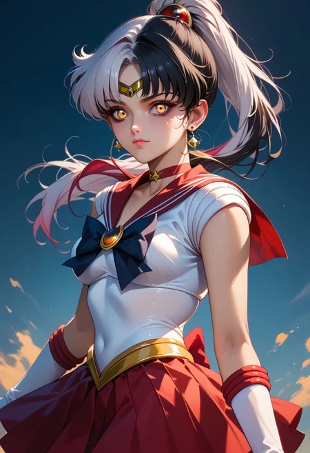 score_9, score_8_up, score_7_up,
ShioriNovella, split-color hair, white hair, black hair, yellow eyes,
sailor senshi uniform, red skirt