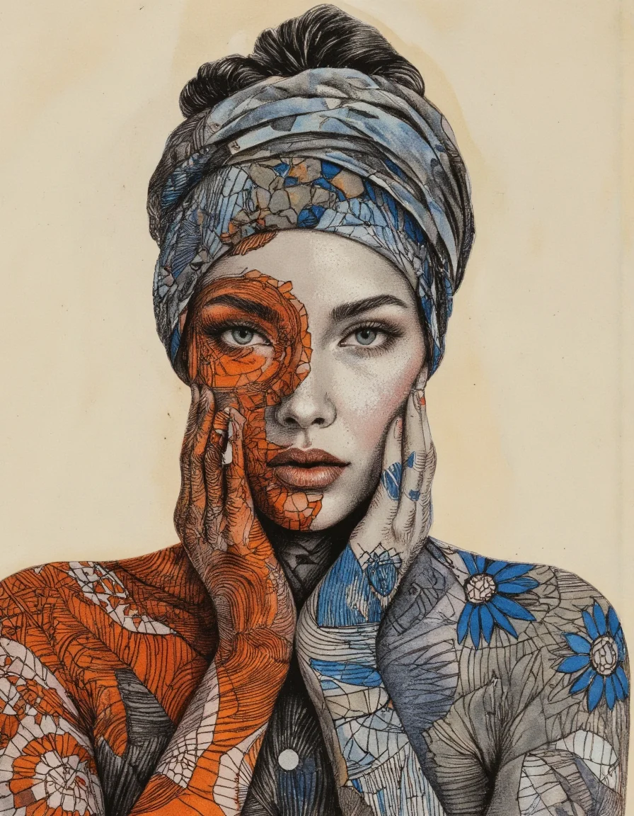 Art by Eli Minaya. A highly detailed and realistic portrait of a woman with intricate, mosaic-like patterns covering her face and upper body. the woman, who appears to be in her mid-twenties, has fair skin, blue eyes, and a serene expression. she is positioned in the middle of the image, facing the viewer with her eyes looking directly at the viewer. her hair is styled in a bun, and she is wearing a turban on her head. the background is a simple, light beige color, which contrasts with the vibrant colors of the woman's face and body, which are composed of intricate, geometric patterns in shades of blue, orange, and brown. the patterns are highly detailed, with a mix of geometric shapes and patterns that create a sense of depth and dimensionality. the overall effect is one of a captivating and visually striking piece of art.