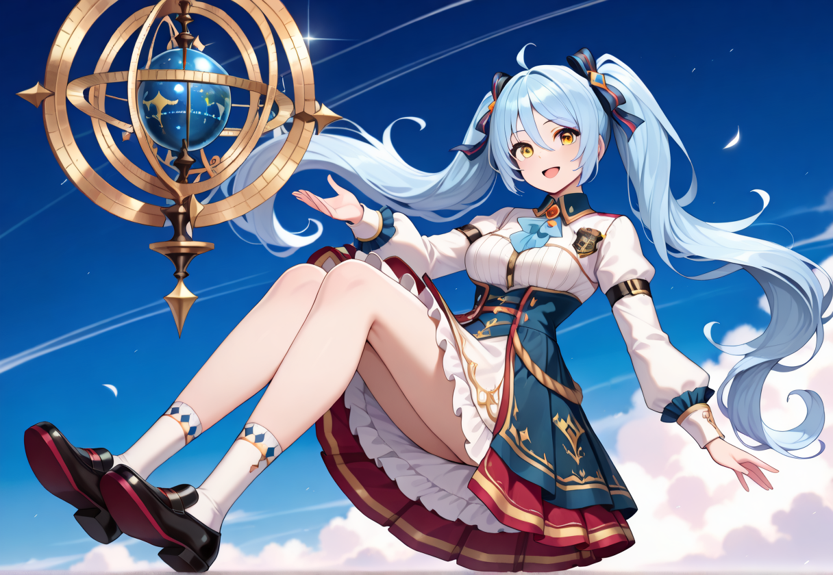 masterpiece, best quality,
KRSoniaSC, 1girl, twintails, yellow eyes,solo, dress, long hair, open mouth, full body, socks, smile, shoes, hair bow, breasts, black footwear, hair between eyes, light blue hair, orb, frills, puffy long sleeves, white socks, skirt, brooch, hair ribbon, globe, floating hair, very long hair, layered skirt, blue ascot, high-waist skirt,frilled skirt, school badge, rope belt, white cuff, SOSCorb,red shoe sole,looking at viewer, floating girl at sky,