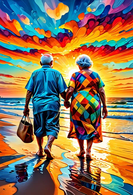 a colored  painting of a grandpa and a grandma walking to the sunset on a beach ,they picture is warm and pleasant like the love of those old peoples, stadium   , (8k, RAW photo, best quality, masterpiece:1.2),best quality, ultra high res,(sharp focus:1.2),DOF, geometric patterns, intricately detailed, perfectly balanced, deep fine edges, artistic photorealism,photorealism, vivid colors,, 8K, UHD, many details, extreme detailed, full of details, BadDream, Jed-Splash,    <lora:ColourfullSplashStyle:0.5>