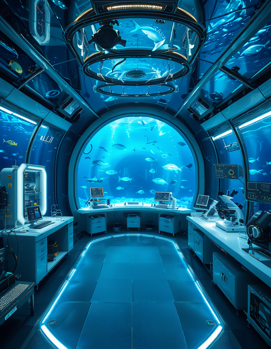 A futuristic underwater research laboratory,underwater research l4b0r4t0ry, located deep beneath the ocean's surface, surrounded by vibrant marine life and illuminated by soft, bioluminescent lighting. The laboratory features large, reinforced glass domes offering a panoramic view of the surrounding blue abyss, with schools of colorful fish and rays of sunlight filtering through the water above. Inside, advanced scientific equipment, glowing computer screens, and researchers in modern wetsuits or lab coats are visible, conducting experiments. The structure is sleek and metallic, with curved, aerodynamic designs to withstand water pressure. Coral reefs and marine plants grow nearby, adding natural beauty. The lighting is a mix of cool, bluish tones, with faint yellow lights from the laboratory windows creating a contrast. The atmosphere is calm yet futuristic, with a focus on scientific exploration and harmony with the marine environment.
<lora:SDXLFaeTastic2400:0.4> <lora:extremely_detailed:0.4> extremely detailed, <lora:underwater_research_l4b0r4t0ry:1>