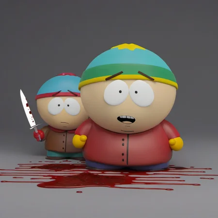 cartman holds a knife and kenny is bleeding, horror scene, blood splashes, school background <lora:SouthPark3D1024-000315:0.8>