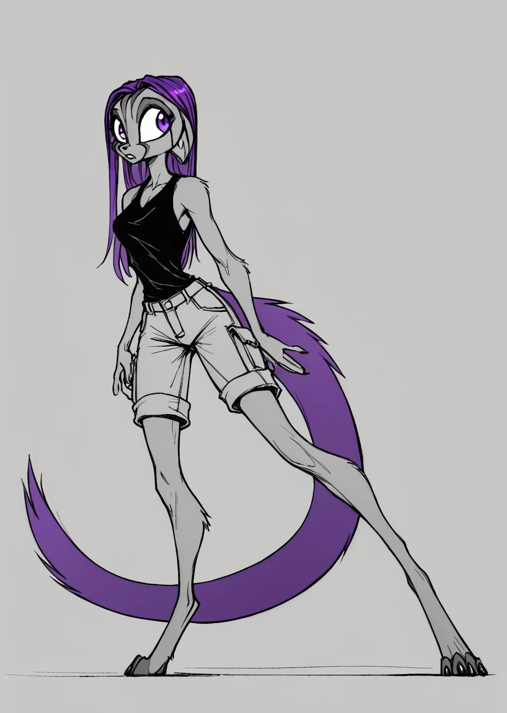 score_9,score_8_up,score_7_up,
kalei ,
1girl, solo, anthro, slender build, long flowing purple hair, large bushy purple tail, gray fur, darker gray limbs, narrow sharp eyes, intense expression, black sleeveless top, dark gray cargo shorts, digitigrade legs, clawed toes, sleek and stylish design, monochrome and purple color scheme, cool and aloof demeanor, well-groomed fur, striking and unique appearance, mid-leap, tail flowing dramatically, arms extended for balance, stormy night with rain background.
, <lora:dreamkeepers_kalei_pony:1>,