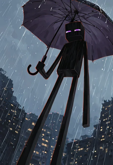 masterpiece, best quality, amazing quality, very aesthetic, absurdres, newest, , detailed background,
klskx
enderman, no humans, purple eyes, rectangle eyes, , solo, male focus, black skin, no mouth, square head, square body, black head , pokemon (creature),
from below, tilted angle, dutch angle, tilted head, looking at viewer, night city, holding umbrella, heavy rain, raining, grey sky,