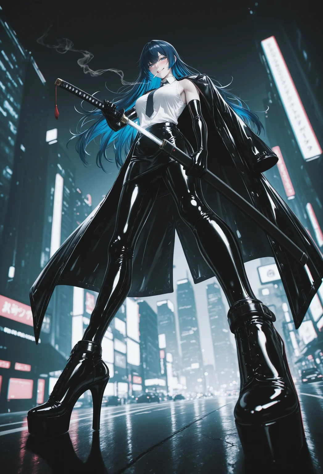 (fov_ps), pale_color, limited_palette, (chromatic aberration:1.7), underlighting, blurry background, cityscape, megastructure, science fiction, wide shot, street, city_lights, from side, front view, from below, full body, dutch angle,
BREAK,
1girl, solo, smirking, blushing, (foreshortening:1.3), lit_cigarette in mouth, oversized katana, unsheathing,
BREAK,
latex, latex coat on shoulder, lapels, white shirt, buttoned shirt, high_collar, necktie, sleeveless, latex elbow gloves, latex long pencilskirt, latex leggings, (aged up:1.3), two-tone hair, blue hair, white_colored tips, skinny, tall female, (toned female: 0.7), heels,
BREAK,
lazypos, masterpiece, very aesthetic, best quality, incredibly_absurdres, absurdres, highres,