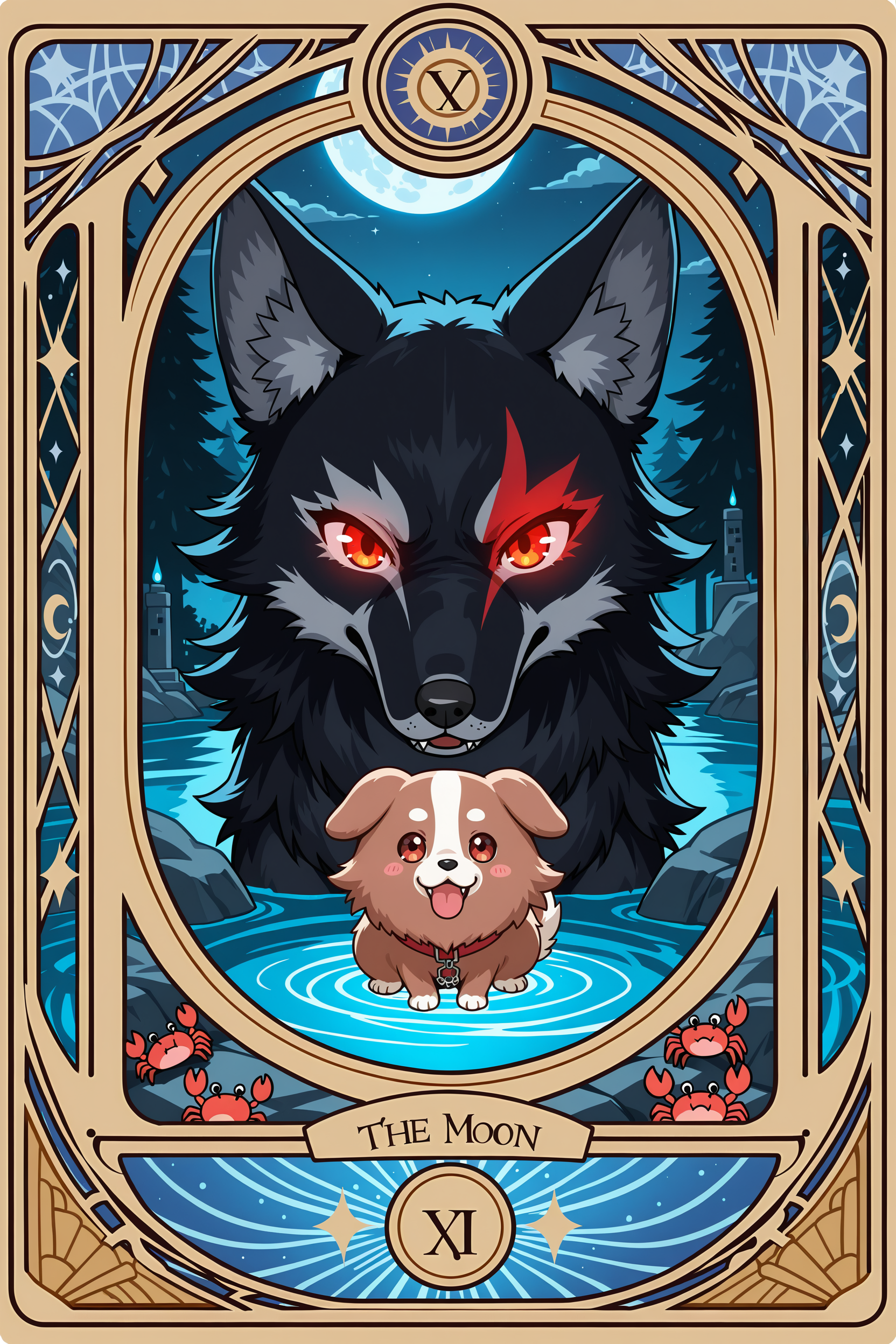 tarot card, the moon, kedama korone, inugami korone as cute round cartoon dog, fluffy dog ball, cute mascot style, ookami mio as full body black wolf, realistic majestic black wolf with red eyes, both howling at the moon, glowing full moon with face, twin stone towers, mystical night sky, dreamy fantasy landscape, river with crab in foreground, soft glowing light, symmetrical tarot layout, detailed background, inspired by rider waite tarot, ornate border, highly detailed illustration, fantasy art, digital painting