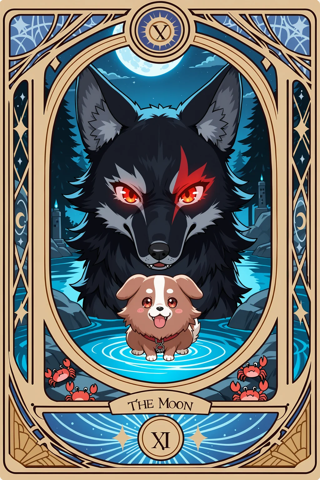 tarot card, the moon, kedama korone, inugami korone as cute round cartoon dog, fluffy dog ball, cute mascot style, ookami mio as full body black wolf, realistic majestic black wolf with red eyes, both howling at the moon, glowing full moon with face, twin stone towers, mystical night sky, dreamy fantasy landscape, river with crab in foreground, soft glowing light, symmetrical tarot layout, detailed background, inspired by rider waite tarot, ornate border, highly detailed illustration, fantasy art, digital painting