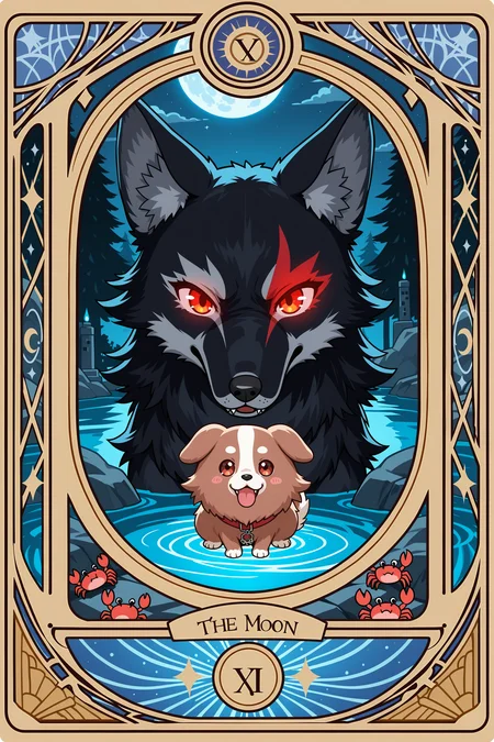 tarot card, the moon, kedama korone, inugami korone as cute round cartoon dog, fluffy dog ball, cute mascot style, ookami mio as full body black wolf, realistic majestic black wolf with red eyes, both howling at the moon, glowing full moon with face, twin stone towers, mystical night sky, dreamy fantasy landscape, river with crab in foreground, soft glowing light, symmetrical tarot layout, detailed background, inspired by rider waite tarot, ornate border, highly detailed illustration, fantasy art, digital painting