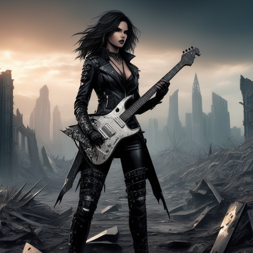Gothic style  <lora:Gothicanimegirls:1>A dark fantasy woman wielding a jagged electric guitar in a dystopian wasteland, surrounded by remnants of a fallen city. Her outfit is a mix of torn leather and metallic armor. The camera captures her in a heroic stance from a wide-angle, with fiery clouds and destroyed skyscrapers as the backdrop. Ultra detailed textures and colores, highly vibrant image. . Dark, mysterious, haunting, dramatic, ornate, detailed