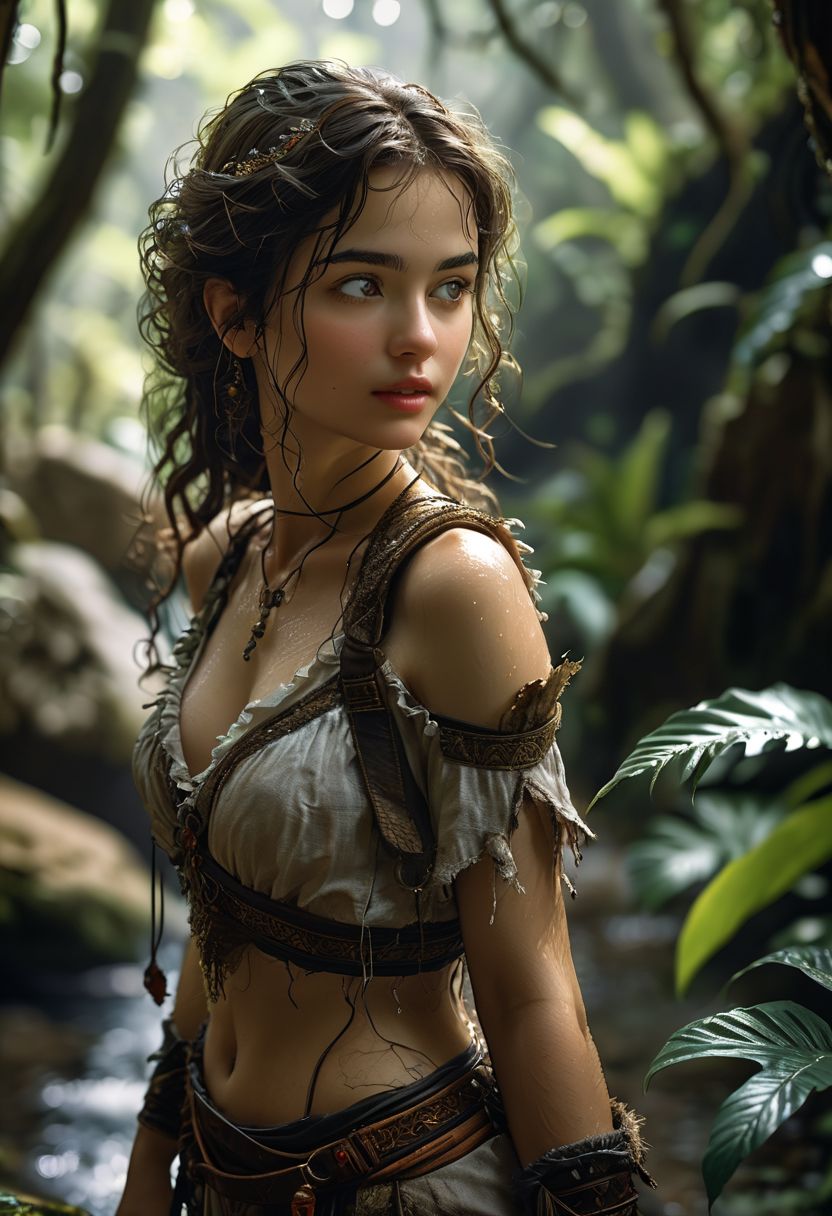 (1girl) stunning realistic detailed candid full body photo of a cute Turkish girl, amidst the muggy coastal jungle of a tropical paradise she explores in wonder, (she wears the robust garb of a medieval-fantasy rogue adventurer), her flowing hair is slightly damp and messy from the humidity, she is short and petite, her body is lithe, a testament to her love for dancing and acrobatics, her pretty face is soft and gentle, this captivating realistic travel photo highlights the girl's yearning for adventure and evokes a sense of calm and sensuality amidst the teeming wilderness, from side, film camera, film grain, (art by mooncryptowow), shot on 50mm lens at f/2.8 aperture, bokeh, (perfect eyes)