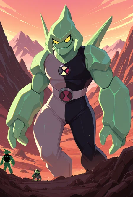 <lora:diamondhead-06:1> diamondhead, robot, yellow eyes, solo, 1boy, no humans, pokemon (creature), armor, spikes, yellow sclera, green skin, bodysuit, cartoon <lora:illustrious_flat_color_v2:1> flat color, no lineart, ontop of mountain, masterpiece, best quality, amazing quality, very aesthetic, absurdres, newest,