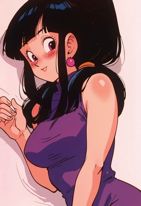 score_9, score_8_up, score_7_up, cozy bedroom. 1girl, chi-chi, bangs, black hair, blunt bangs, sidelocks, black eyes, earrings, long flowing hair, perfect face, perfect eyes, sexy, perfect body, laying down on military bunk bed, seductive look, wearing tight dress, perfect hands, blushing, super cute, close up, pinup