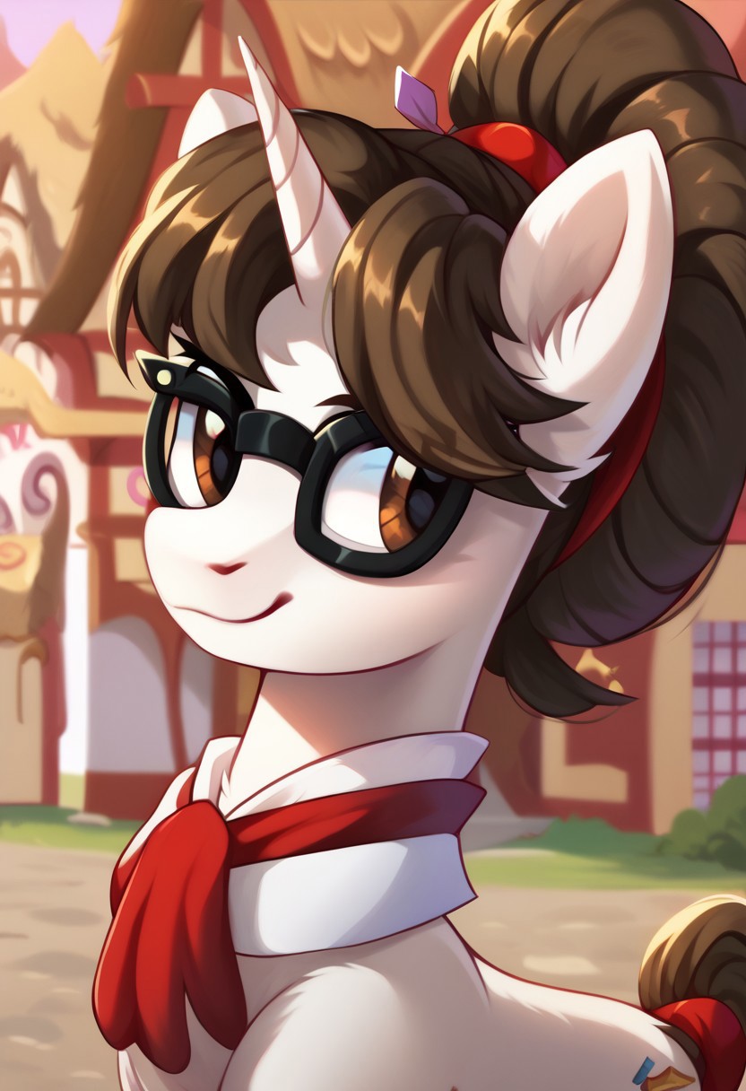masterpiece, score_9, score_8_up, score_7_up, score_6_up, (best quality:1.1), ultra-detailed, high resolution, (solo), (1GIRL), (RAVEN INKWELL), (UNICORN), pony, feral, portrait, (beautiful detailed brown eyes), (dark brown hair:1.5), (white fur:1.5), (shy soft smile), ((ponyville background:1.7)), (black glasses:1.1), (light purple roses all around), high quality, sharp, the quality of ai art is frightening, highly detailed, Highly Visible, sharp focus, high detail, detailed background, (up-close)