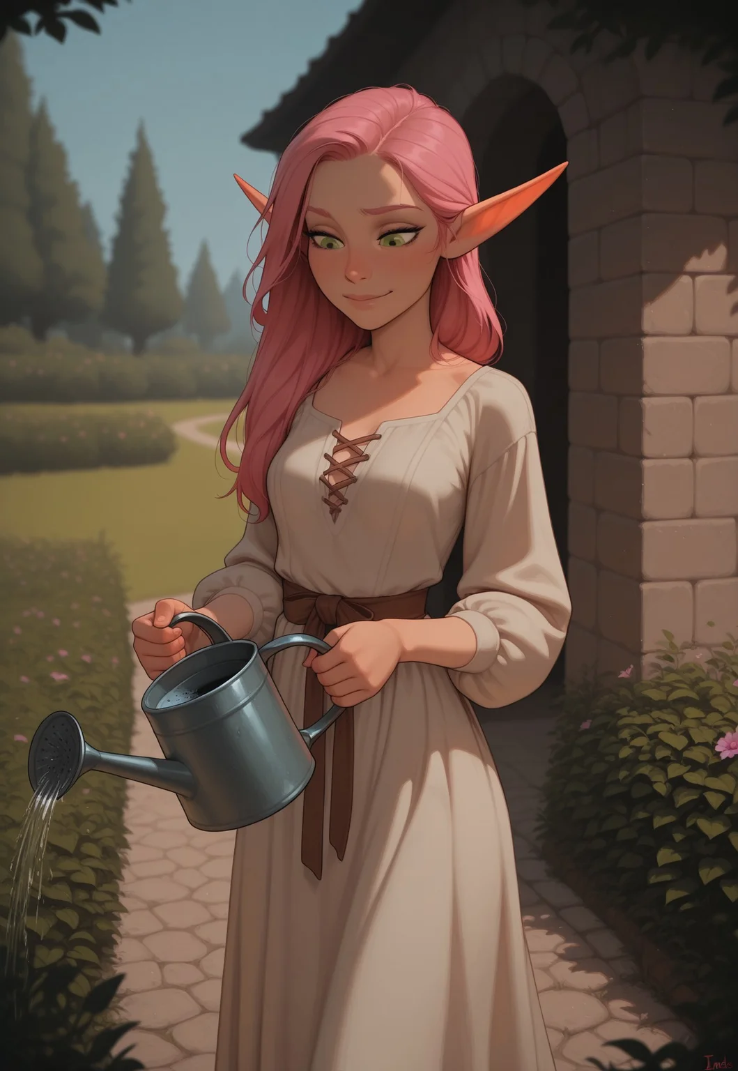 masterpiece, best quality, amazing quality, very aesthetic, DISNEY_ANIMATION, incoth, (incase:0.6), female, solo, (depth of field), medieval setting, outdoors, garden, day time
elf, pink hair, green eyes, cute face, slender, small breasts, long hair swept to one side, short elf ears, short ears,
simple dress,
walking in garden, holding a watering can, watering flowers,