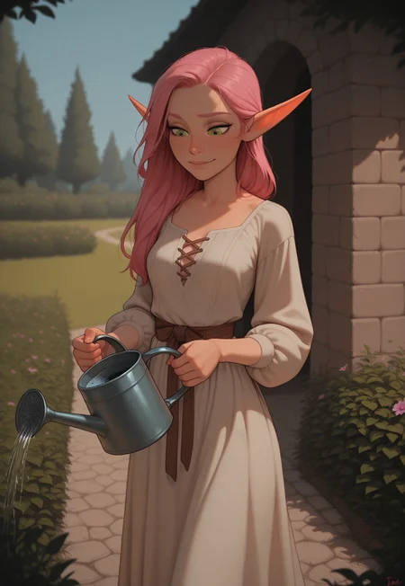 masterpiece, best quality, amazing quality, very aesthetic, DISNEY_ANIMATION, incoth, (incase:0.6), female, solo, (depth of field), medieval setting, outdoors, garden, day time
elf, pink hair, green eyes, cute face, slender, small breasts, long hair swept to one side, short elf ears, short ears,
simple dress,
walking in garden, holding a watering can, watering flowers,