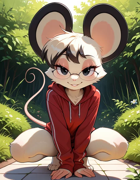 masterpiece, best quality, very aesthetic, absurdres,
outdoors,
full body, seductive smile, parted lips, long eyelashes,
<lora:Tamy_v01_NAIXL:1>
T4my,1girl,solo,furry,furry female,mouse girl,short hair,mouse ears,black eyes,glasses,animal nose,body fur,white fur,mouse tail,