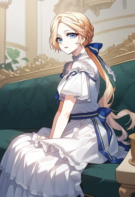 zPDXL3, score_9_up, score_8_up, score_7_up, (Anime_source), 1girl, DorotheaMillanaire, blue eyes, blonde hair, long hair, Millanaire skirt, low tie ponytail, braid, cowboy shot, looking at viewer, parted lips, sitting on couch, from side