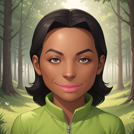 score_9, score_8, BREAK, solo, wii, mii, wii sports, 1girl, female mii, brown eyes, black hair, black eyebrows, pink lips, dark skin, light green clothing, white pants, shoes, nintendo mii, modern_mii, classic_mii, breasts, maria_\(\\wii_sports\\\), sexy pose, smile, outdoors, sunlight, shadows, evening lighting, natural lighting, forest, trees, grass, orange sky, sunset