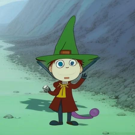 multiple, (hatsune miku:1.1), snufkin, moomin, 1girl, 1boy, littlemy, <lora:moominLORA_moomin:1>