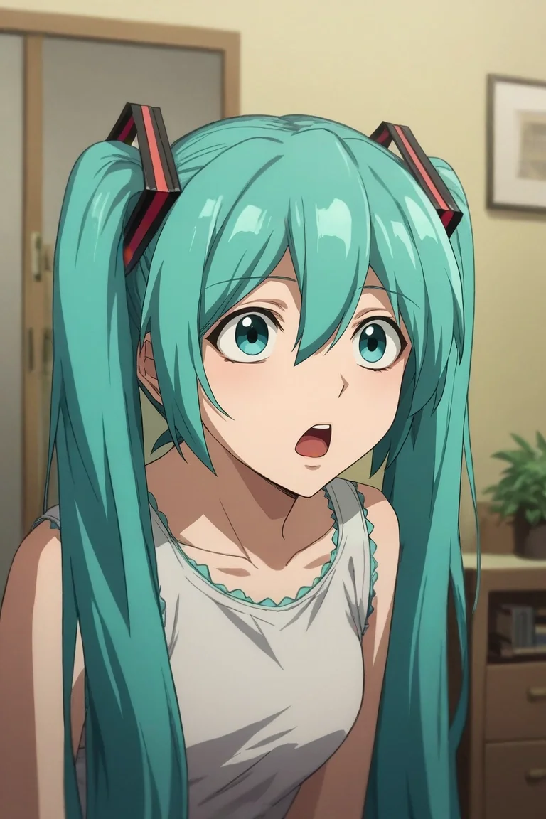 zPDXL, score_9, score_8_up, score_7_up, rating_safe, , , depth of field, 1girl, hatsune miku, aqua eyes, aqua hair, twintails, hair between eyes, long hair, solo, asymmetrical, apartment, indoors, dark, leaning forward, open mouth, <lora:death_note_style_pony:1.0>, death_note_style, , <lora:sdxl_lightning_8step_lora:1>