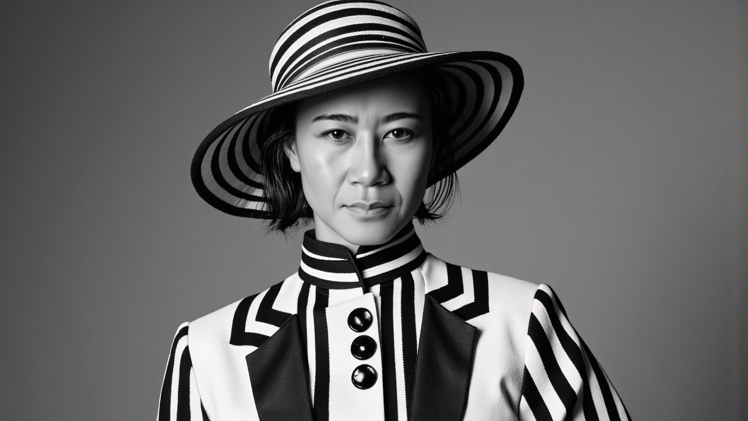 A striking black-and-white photograph of a beautiful Thai woman wearing a bold, high-fashion outfit. The ensemble features a structured, high-collared jacket with dramatic black and white vertical stripes, adorned with large, glossy black buttons running down the front. The collar is tall and striped, adding a geometric flair. She also wears a wide-brimmed hat with matching black and white stripes, tilted slightly for a sophisticated look. The background is a smooth, gradient gray, with soft, directional lighting casting gentle shadows, emphasizing the sharp contrast of the outfit. The overall mood is elegant, timeless, and avant-garde, with a vintage-inspired yet modern aesthetic.
<lora:Detailed Skin&Textures Flux V3:0.5> dsv4