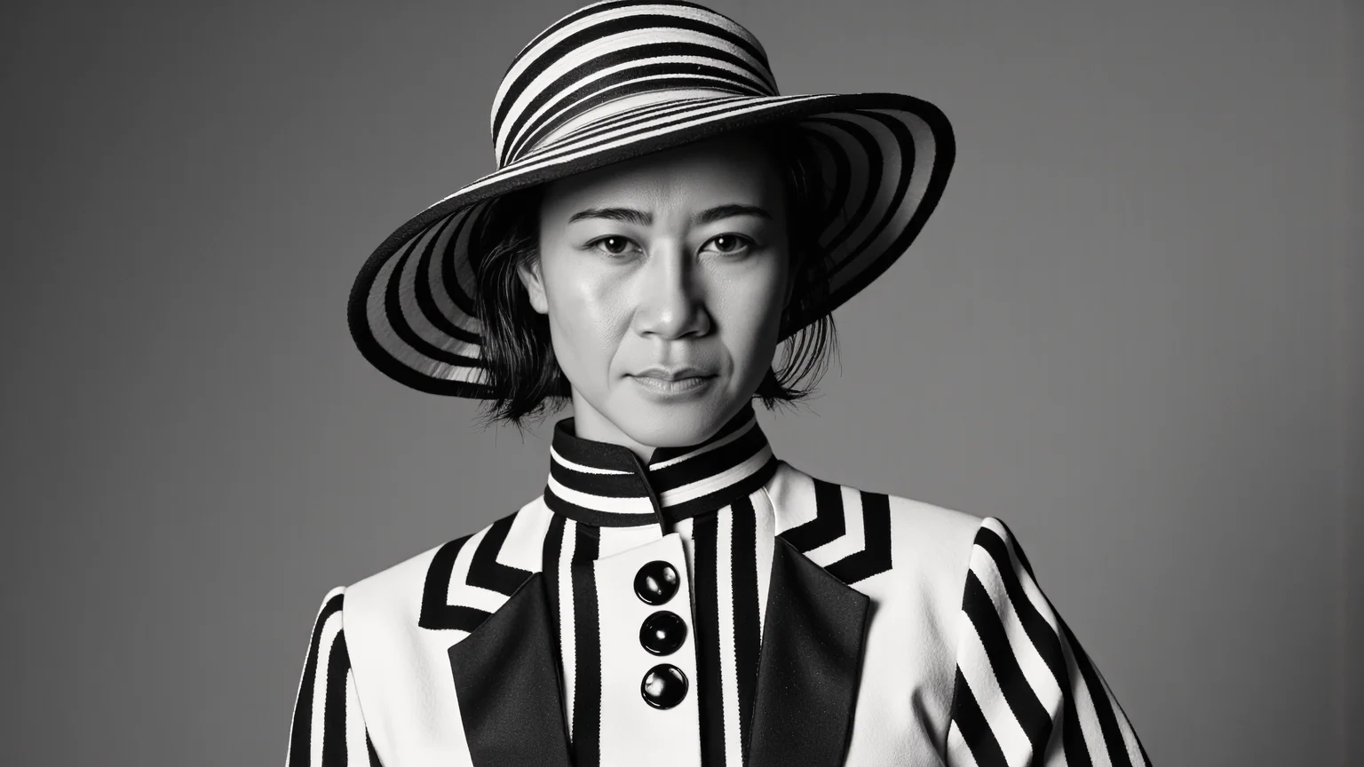 A striking black-and-white photograph of a beautiful Thai woman wearing a bold, high-fashion outfit. The ensemble features a structured, high-collared jacket with dramatic black and white vertical stripes, adorned with large, glossy black buttons running down the front. The collar is tall and striped, adding a geometric flair. She also wears a wide-brimmed hat with matching black and white stripes, tilted slightly for a sophisticated look. The background is a smooth, gradient gray, with soft, directional lighting casting gentle shadows, emphasizing the sharp contrast of the outfit. The overall mood is elegant, timeless, and avant-garde, with a vintage-inspired yet modern aesthetic.
<lora:Detailed Skin&Textures Flux V3:0.5> dsv4
