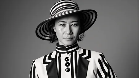 A striking black-and-white photograph of a beautiful Thai woman wearing a bold, high-fashion outfit. The ensemble features a structured, high-collared jacket with dramatic black and white vertical stripes, adorned with large, glossy black buttons running down the front. The collar is tall and striped, adding a geometric flair. She also wears a wide-brimmed hat with matching black and white stripes, tilted slightly for a sophisticated look. The background is a smooth, gradient gray, with soft, directional lighting casting gentle shadows, emphasizing the sharp contrast of the outfit. The overall mood is elegant, timeless, and avant-garde, with a vintage-inspired yet modern aesthetic.
<lora:Detailed Skin&Textures Flux V3:0.5> dsv4